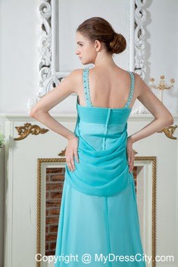 Aqua Straps Chiffon Beaded Evening Dress with Brush Train