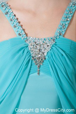 Aqua Straps Chiffon Beaded Evening Dress with Brush Train