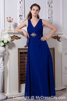 Chiffon Royal Blue V-neck Long Beading Prom Evening Dress