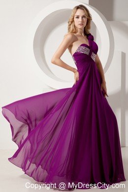 Purple One Shoulder Beading Evening Dress with Watteau Train