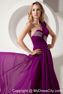 Purple One Shoulder Beading Evening Dress with Watteau Train