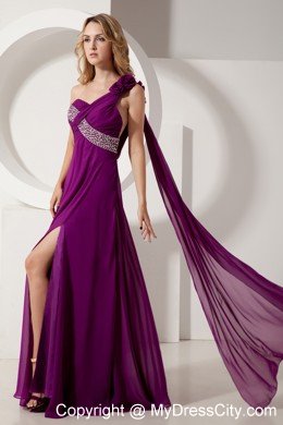 Purple One Shoulder Beading Evening Dress with Watteau Train