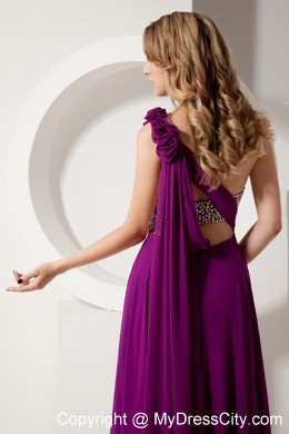 Purple One Shoulder Beading Evening Dress with Watteau Train