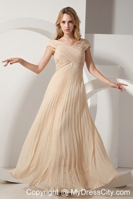 Champagne Pleats V-neck Chiffon Evening Dress in Floor-length