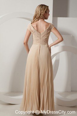 Champagne Pleats V-neck Chiffon Evening Dress in Floor-length