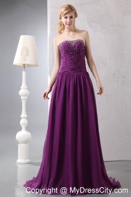 Chiffon Purple Empire Beaded Evening Dress with Brush Train