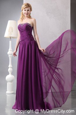 Chiffon Purple Empire Beaded Evening Dress with Brush Train