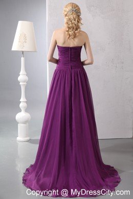 Chiffon Purple Empire Beaded Evening Dress with Brush Train