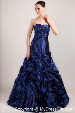 Navy Blue A-line Taffeta Beading and Pick-ups Evening Dress