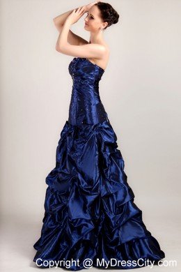 Navy Blue A-line Taffeta Beading and Pick-ups Evening Dress