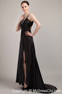 Beaded V-neck Black Silt Criss Cross Evening Formal Gowns