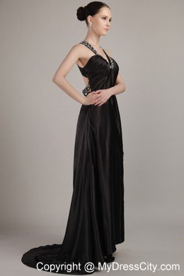 Beaded V-neck Black Silt Criss Cross Evening Formal Gowns