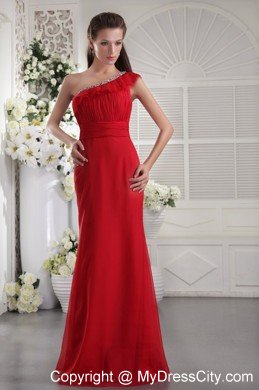 Red One Shoulder Beading Chiffon Long Prom Evening Dress