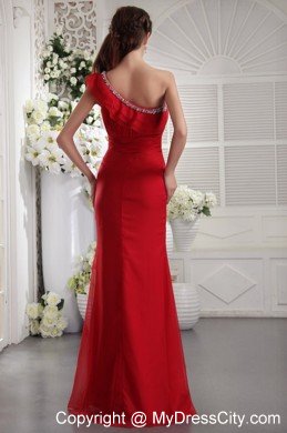 Red One Shoulder Beading Chiffon Long Prom Evening Dress