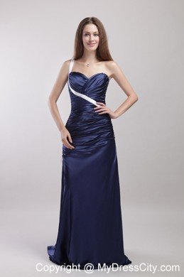 One Shoulder Brush Train Ruches Evening Dress in Navy Blue