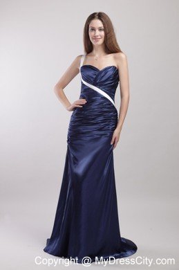 One Shoulder Brush Train Ruches Evening Dress in Navy Blue