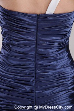 One Shoulder Brush Train Ruches Evening Dress in Navy Blue