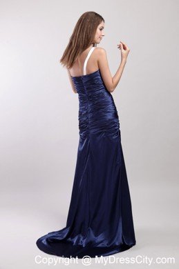 One Shoulder Brush Train Ruches Evening Dress in Navy Blue