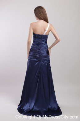 One Shoulder Brush Train Ruches Evening Dress in Navy Blue