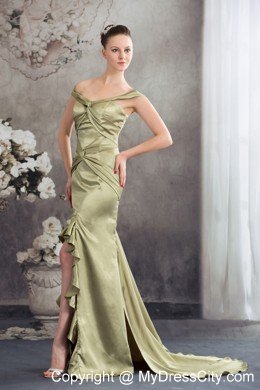 Olive Green Column Off the Shoulder Silt Prom Evening Dress