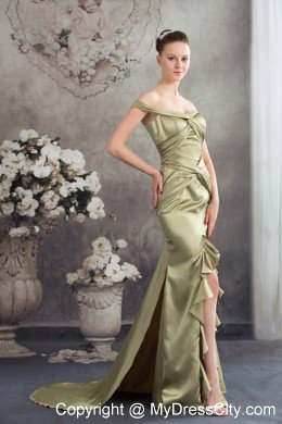 Olive Green Column Off the Shoulder Silt Prom Evening Dress