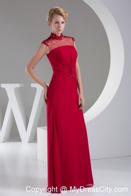 Red Beading Chiffon Long Evening Dresses with Sheer Neckline