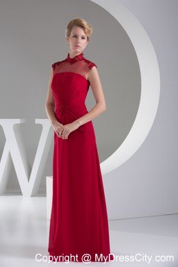 Red Beading Chiffon Long Evening Dresses with Sheer Neckline