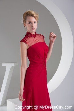 Red Beading Chiffon Long Evening Dresses with Sheer Neckline