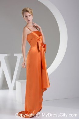 Bowknot Brush Train Spaghetti Straps Orange Evening Dress