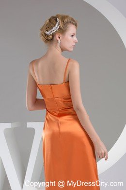 Bowknot Brush Train Spaghetti Straps Orange Evening Dress