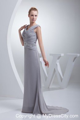 Column V-neck Beading and Ruching Brush Train Evening Dress