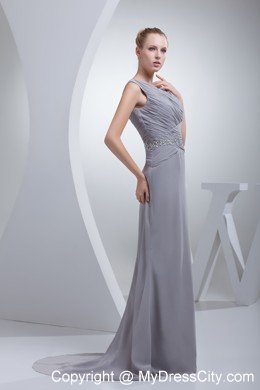 Column V-neck Beading and Ruching Brush Train Evening Dress