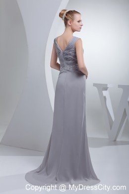 Column V-neck Beading and Ruching Brush Train Evening Dress