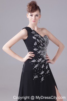 One Shoulder Beaded Decorate High Slit Black Evening Dress