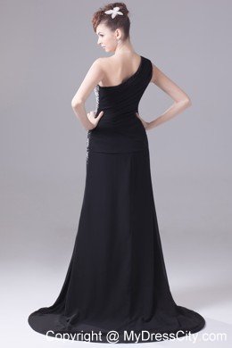 One Shoulder Beaded Decorate High Slit Black Evening Dress