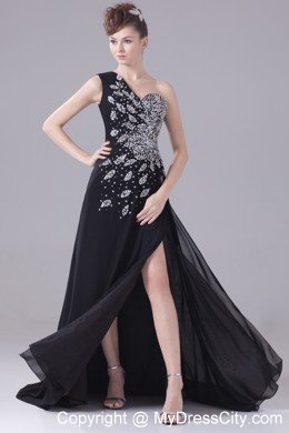 One Shoulder Beaded Decorate High Slit Black Evening Dress