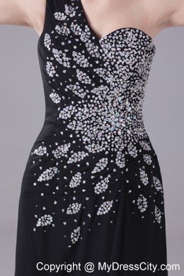 One Shoulder Beaded Decorate High Slit Black Evening Dress