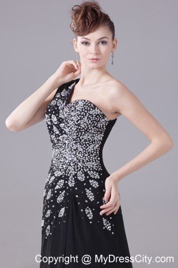 One Shoulder Beaded Decorate High Slit Black Evening Dress