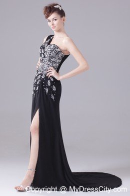 One Shoulder Beaded Decorate High Slit Black Evening Dress