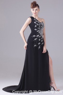 One Shoulder Beaded Decorate High Slit Black Evening Dress