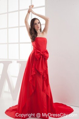 Strapless Bowknot Brush Train Taffeta Evening Dress in Red