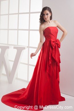 Strapless Bowknot Brush Train Taffeta Evening Dress in Red