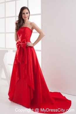 Strapless Bowknot Brush Train Taffeta Evening Dress in Red