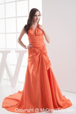 Halter Top Ruches Orange Court Train Evening Party Dresses