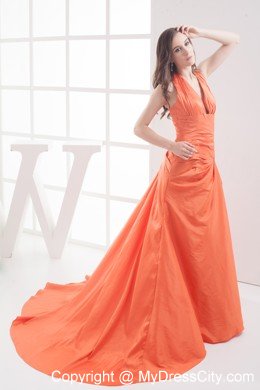 Halter Top Ruches Orange Court Train Evening Party Dresses