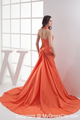 Halter Top Ruches Orange Court Train Evening Party Dresses