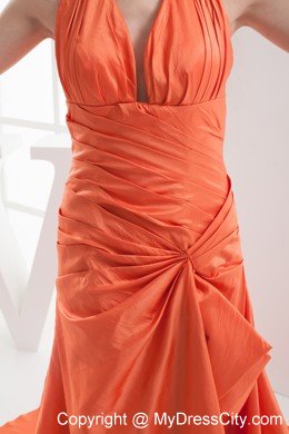 Halter Top Ruches Orange Court Train Evening Party Dresses