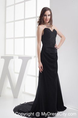 Sweetheart Black Brush Train A-line Evening Dress with Ruches