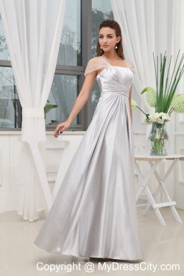 Grey Ruches Beading A-line Cap Sleeves Prom Evening Dress