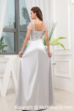 Grey Ruches Beading A-line Cap Sleeves Prom Evening Dress